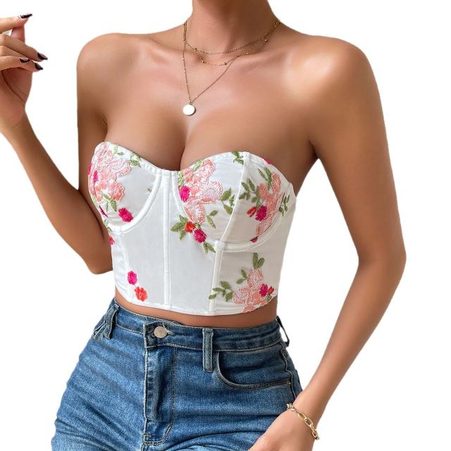 Sexy embroidery flower off shoulder corset tops