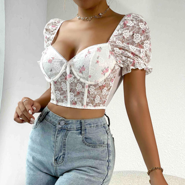 Hot sale sexy white lace puff sleeve corset tops