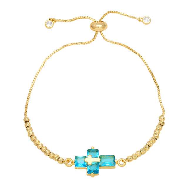 Delicate colorful cubic zircon cross gold plated copper bracelet