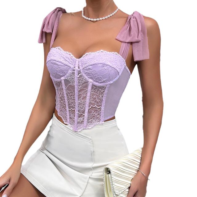 Purple color sexy lace ribbon strap corset tops for women