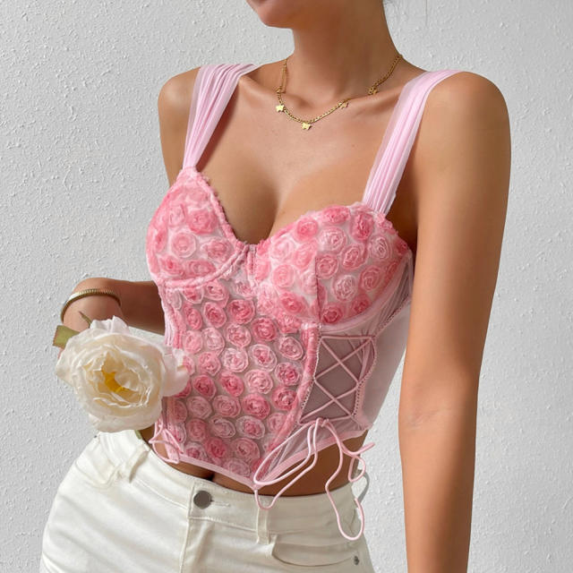 Sweet pink color stereo flower corset tops