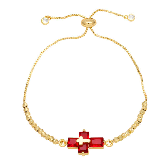 Delicate colorful cubic zircon cross gold plated copper bracelet