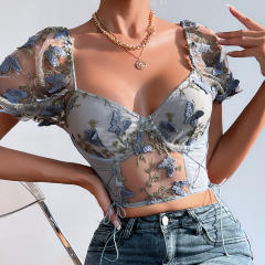 Sexy mesh Embroidered flowers colorful puff sleeve cropped corset tops