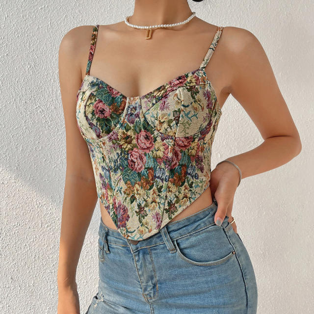 Vintage rose flower pattern corset tops