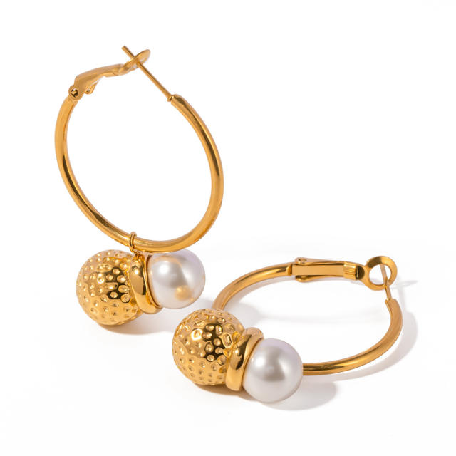 18KG vintage pearl charm stainless steel hoop earrings