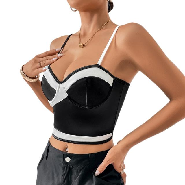 Sexy black white contrast color satin corset tops camisole