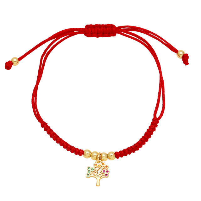 Deliate rainbow cz life tree cross charm red rope bracelet