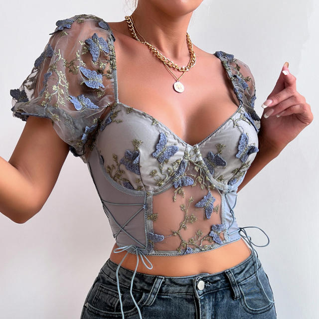 Sexy mesh Embroidered flowers colorful puff sleeve cropped corset tops