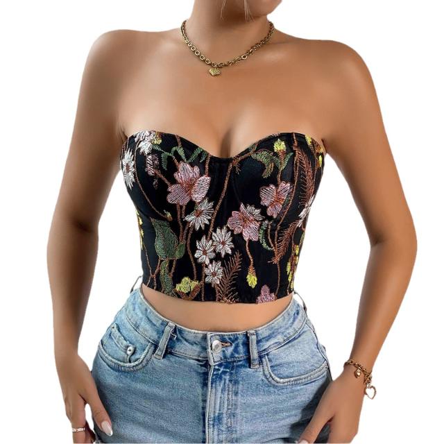 Sexy black color flower embroidery off shoulder corset tops