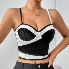 Sexy black white contrast color satin corset tops camisole
