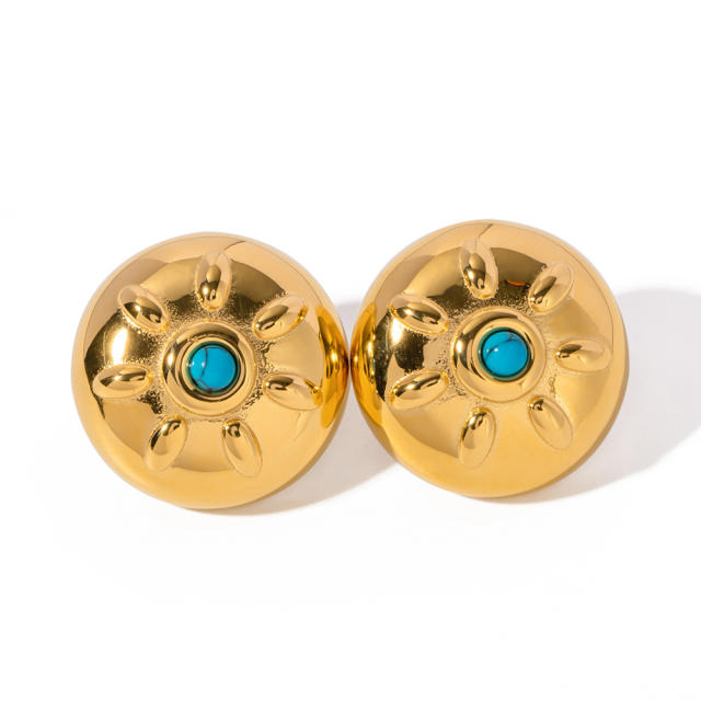 18KG turquoise bead round shape stainless steel earrings