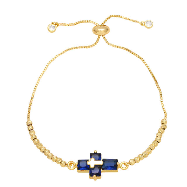 Delicate colorful cubic zircon cross gold plated copper bracelet