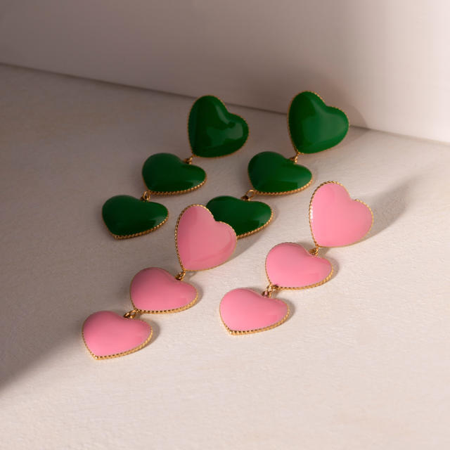 Fresh pink green color enamel heart dangle stainless steel earrings