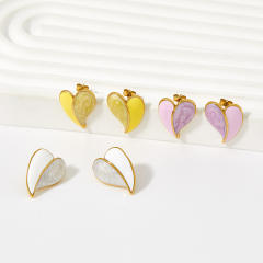 Sweet pink yellow color enamel heart shape stainless steel studs earrings