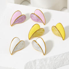 Sweet pink yellow color enamel heart shape stainless steel studs earrings