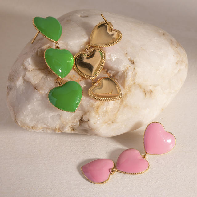 Fresh pink green color enamel heart dangle stainless steel earrings