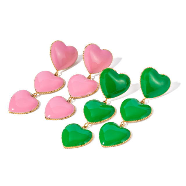 Fresh pink green color enamel heart dangle stainless steel earrings