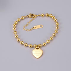 18K gold plated ball bead dog tag heart charm stainless steel bracelet
