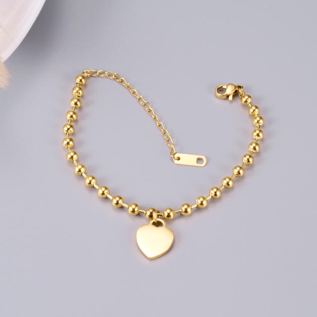 18K gold plated ball bead dog tag heart charm stainless steel bracelet