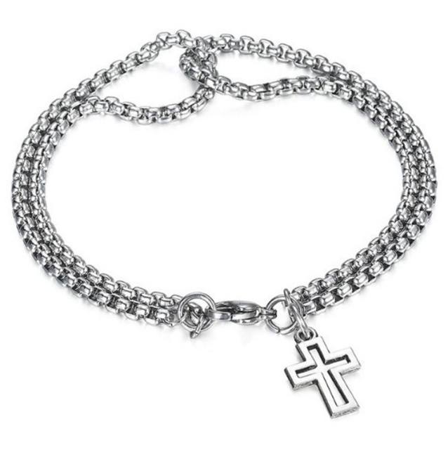 Personality hollow cross charm two layer stainless steel chain bracelet for men