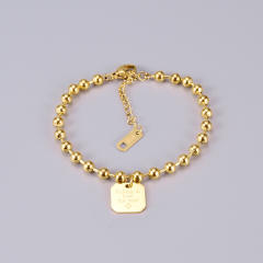 18K gold plated ball bead dog tag heart charm stainless steel bracelet