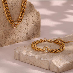 Chunky diamond circle cuban link chain stainless steel necklace bracelet set