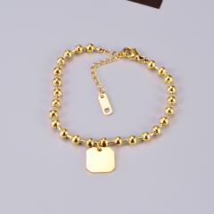 18K gold plated ball bead dog tag heart charm stainless steel bracelet