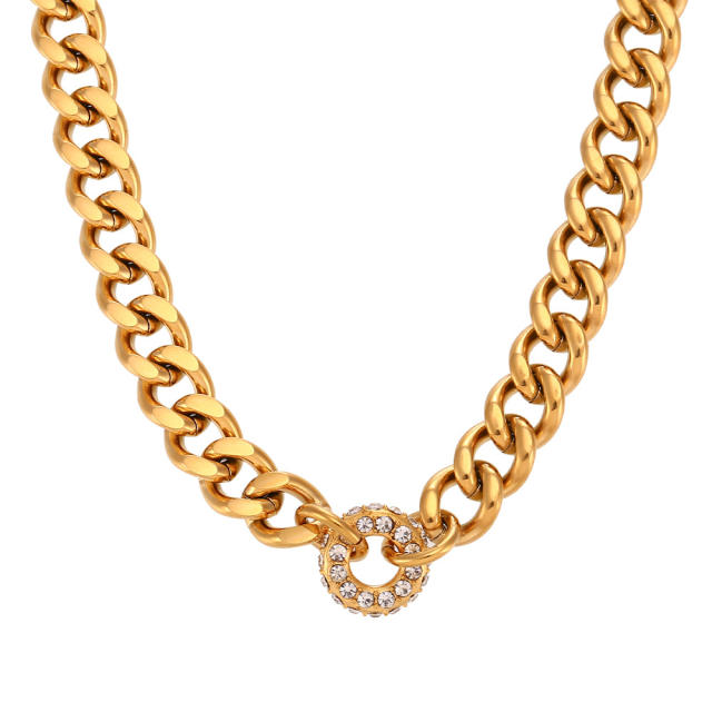 Chunky diamond circle cuban link chain stainless steel necklace bracelet set
