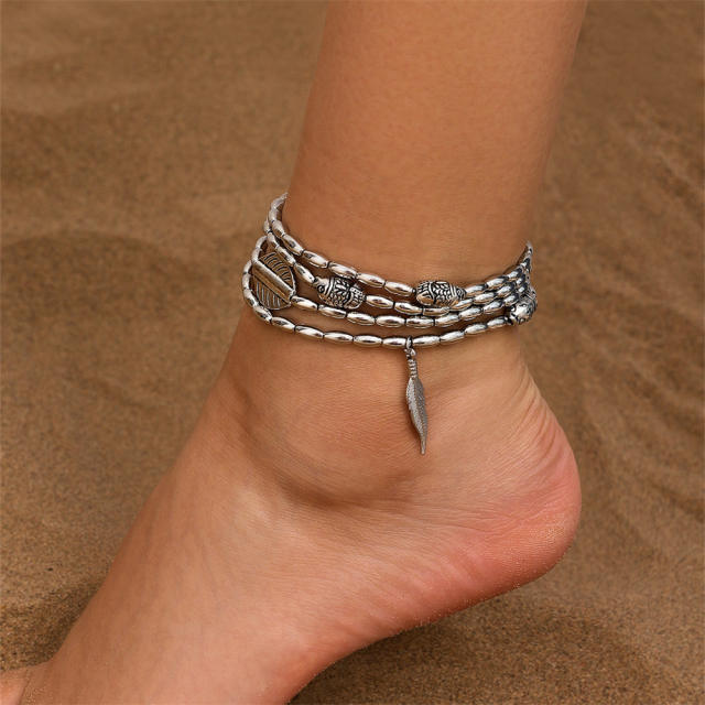 Hot sale silver color bead leaf charm layer anklet