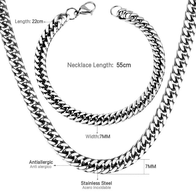 7mm hiphop chunky cuban link chain stainless steel necklace bracelet for men