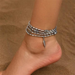Hot sale silver color bead leaf charm layer anklet