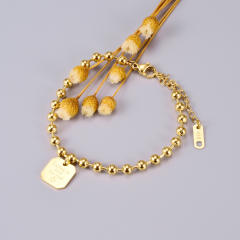 18K gold plated ball bead dog tag heart charm stainless steel bracelet