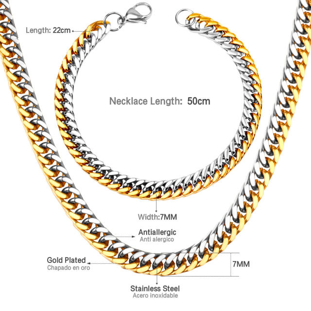 7mm hiphop chunky cuban link chain stainless steel necklace bracelet for men