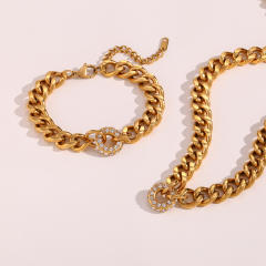 Chunky diamond circle cuban link chain stainless steel necklace bracelet set