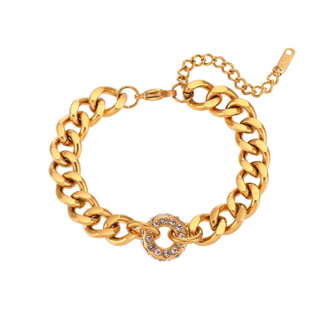 Chunky diamond circle cuban link chain stainless steel necklace bracelet set