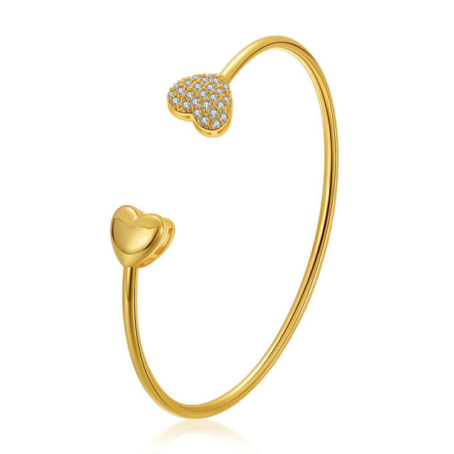 Chic real gold plated copper diamond heart cuff bangles for women