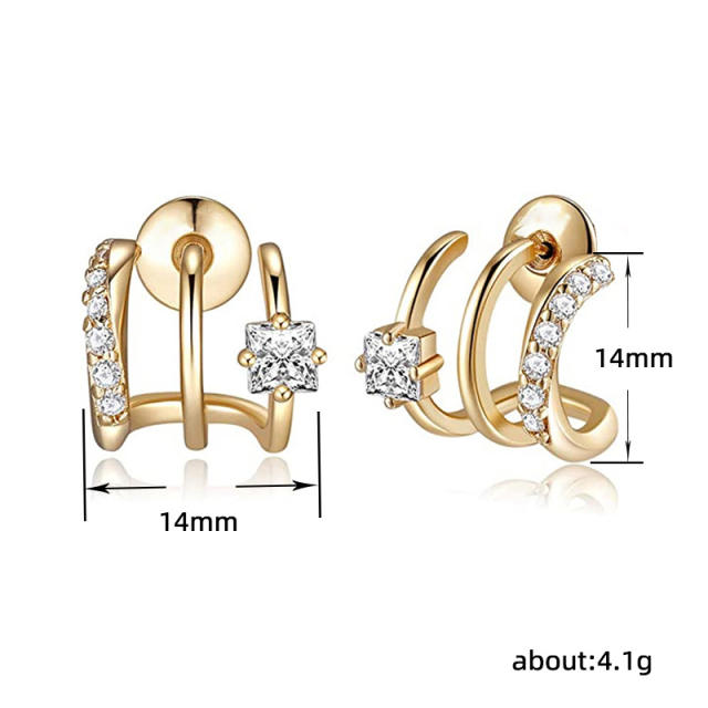 Personality three row diamond copper women studs earrings