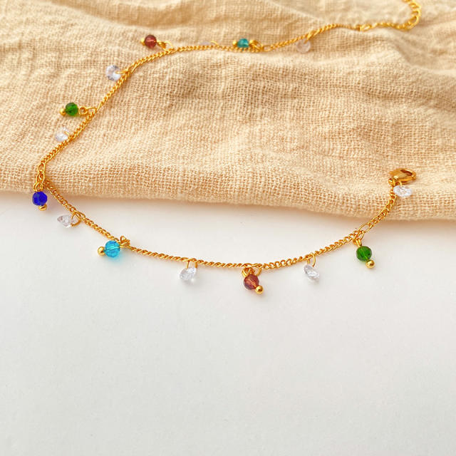 Boho colorful tiny crystal bead charm tassel gold plated copper thin anklet