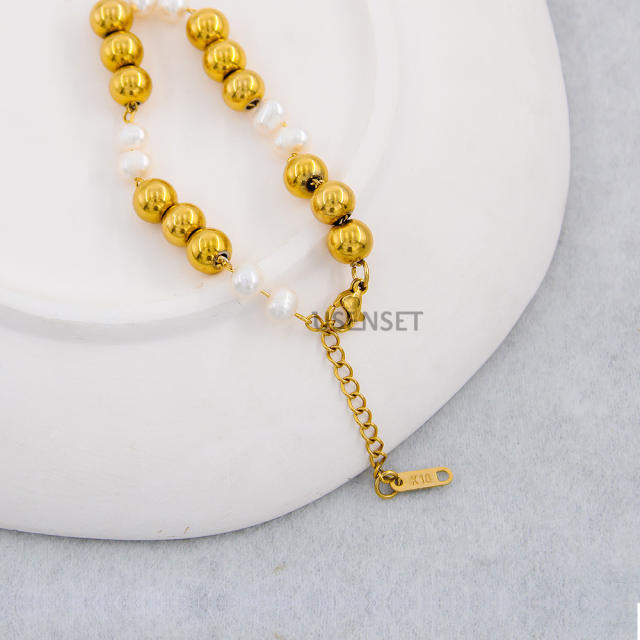 18K gold plated ball bead pearl bead stainless steel bracelet