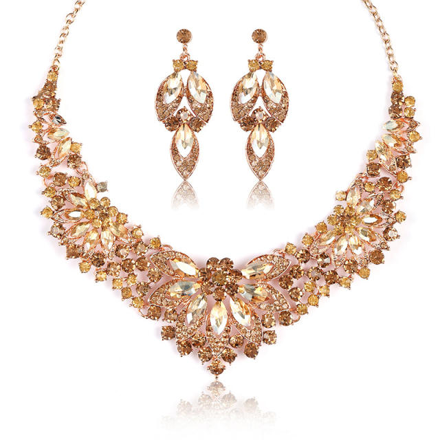 Luxury champagne gold glass crystal statement prom necklace set