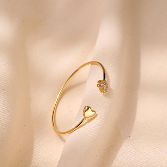 Chic real gold plated copper diamond heart cuff bangles for women