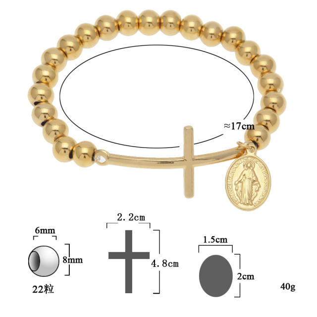 HIPHOP side crosss stainless steel bead elastic bracelet for men