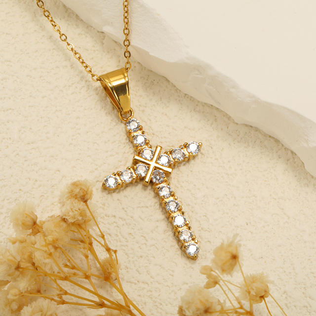 Classic diamond cross stainless steel necklace for women