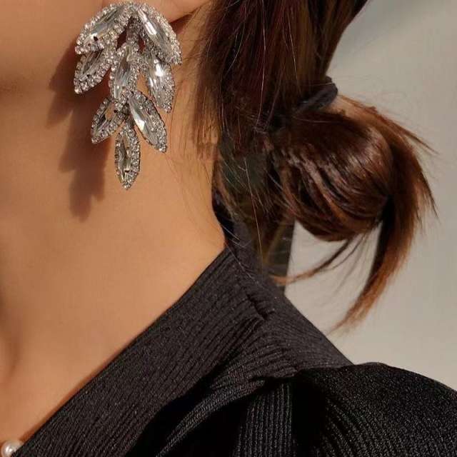 Luxury full diamond leaf design women dangle earrings wedding earrings