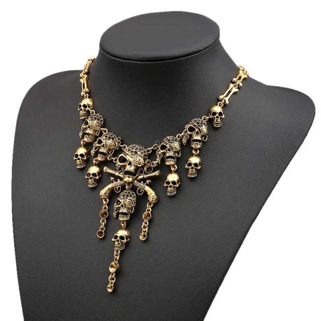 Halloween design skull head tassel metal necklace