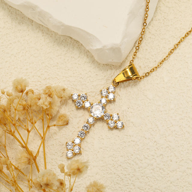 INS popular diamond cross pendant stainless steel necklace