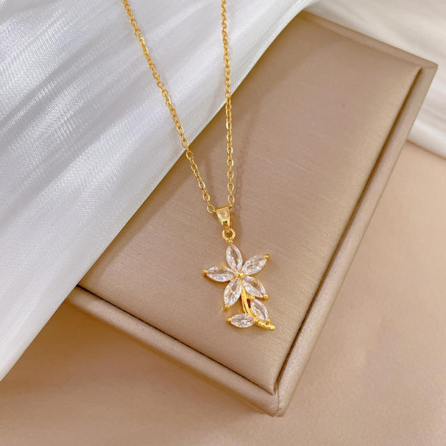 Diamond flower leaf copper pendant stainless steel chain necklace