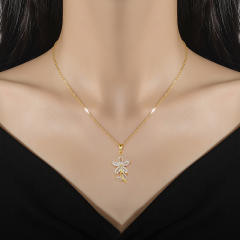 Diamond flower leaf copper pendant stainless steel chain necklace