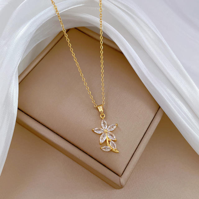 Diamond flower leaf copper pendant stainless steel chain necklace