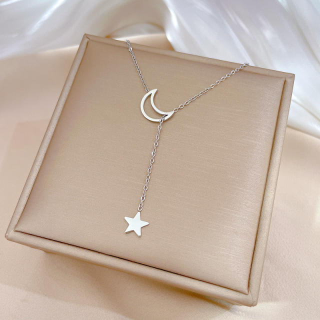 Korean fashion hollow out moon star lariat necklace stainless steel necklace